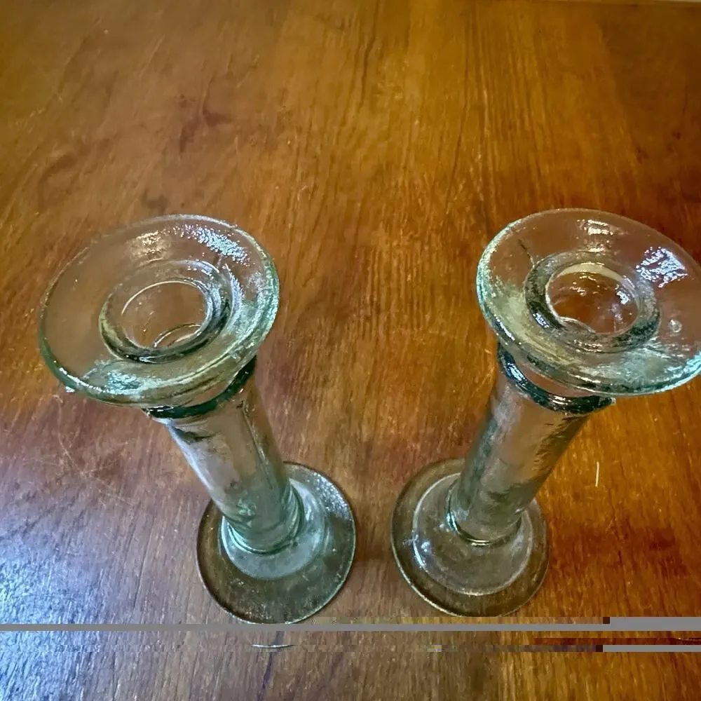 Pair Antique Hand Blown Glass Taper Candlesticks Aqua Green Pontil 8”
